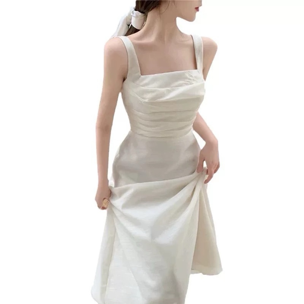New—-Elegant Cream Sleeveless Dress graduation white dress